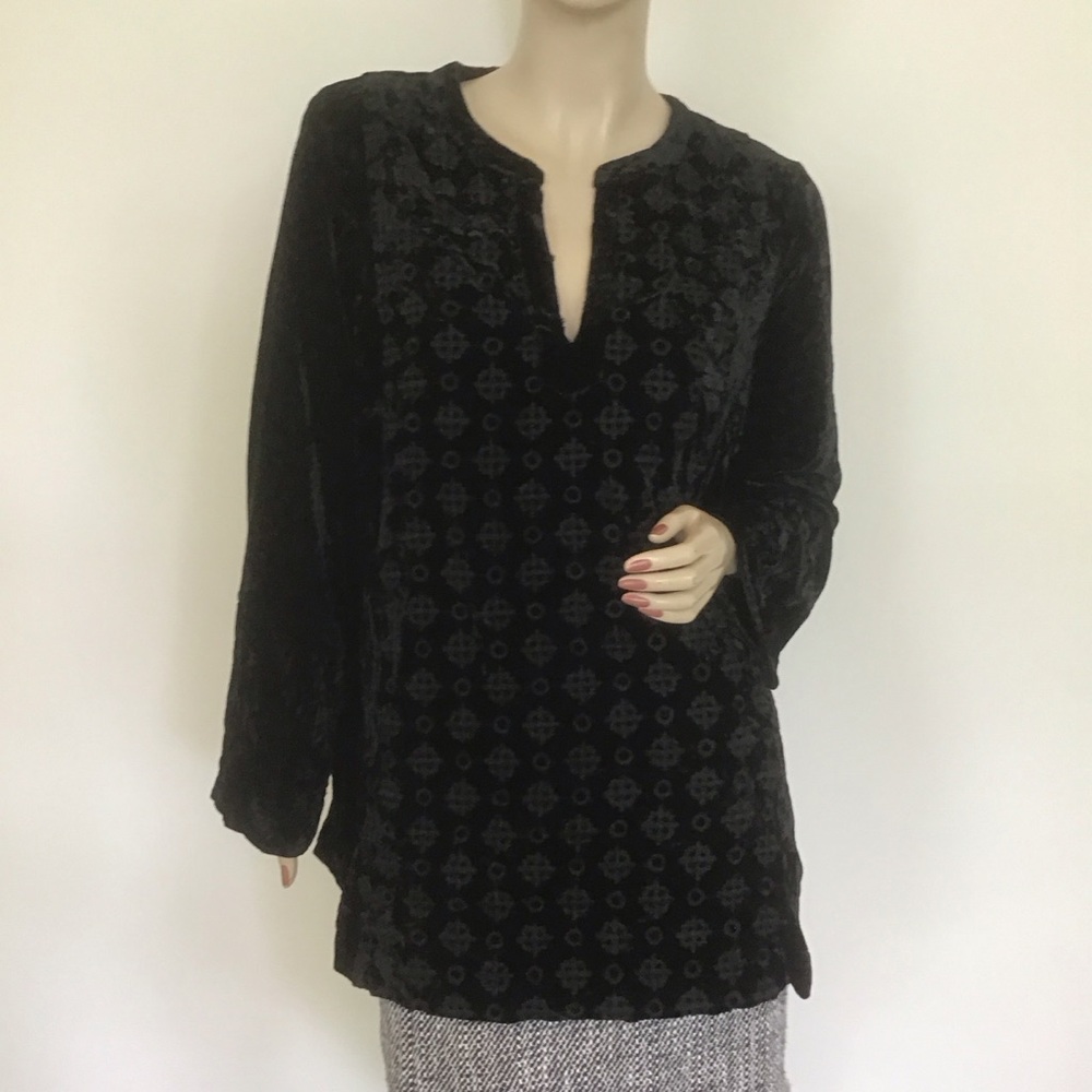 John‎ Mark Black Velvet Floral Embroidered LS Tunic Top Blouse S Artsy Boho